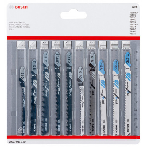 BOSCH Kit de 10 lames de scie sauteuse a emmanchement en T pour bois et métal 2607011170