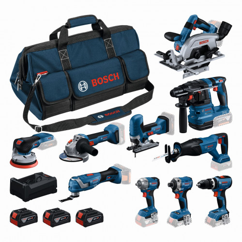 BOSCH Kit de 10 outils 18V GSB+GBH+GWS+GDR+GKS+GSA+GOP+GST+GDS+GEX+3x5,0Ah 0615A500EH
