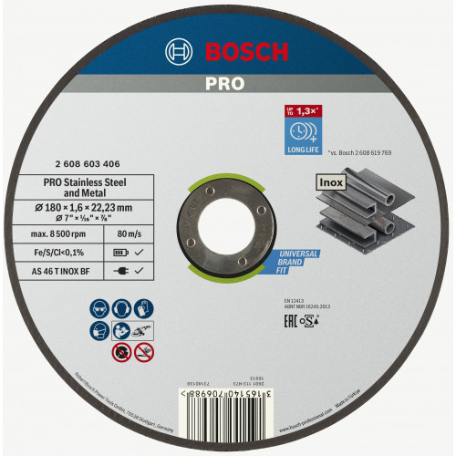 BOSCH Disque a tronçonner aggloméré Stainless Steel and Metal, 180x1,6 x22,23mm 2608603406 BOSCH Disque a tronçonner aggloméré Stainless Steel and Metal, 180x1,6 x22,23mm 2608603406