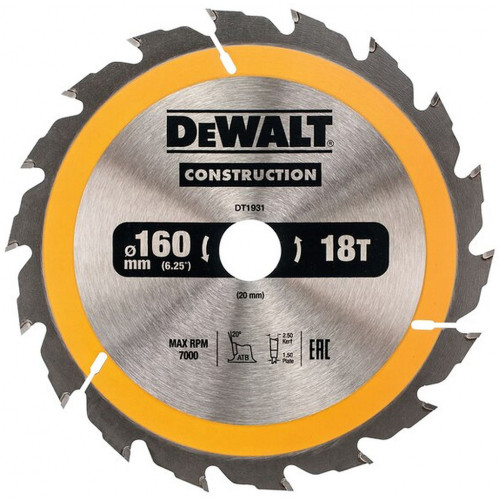 DeWALT DT1931 Lame de scie circulaire 160 x 20 mm 18T ATB 20°.