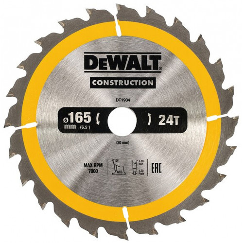 DeWALT DT1934 Lame de scie circulaire, 165x20 mm, 24 dents