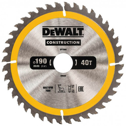 DeWALT DT1945 Lame de scie circulaire, 190 x 30 mm, 40 dents