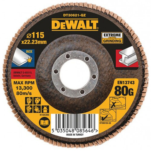 DeWALT DT30621 Disque abrasif lamellé Extreme pour métal 115 mm, plat, grain 80 DeWALT DT30621 Disque abrasif lamellé Extreme pour métal 115 mm, plat, grain 80
