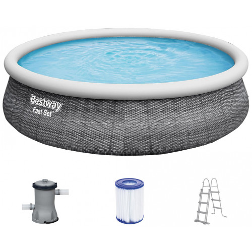 BESTWAY Fast Set Piscine hors sol motif rotin gris, 457 x 107 cm, avec pompe 57372