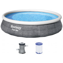 BESTWAY Fast Set Piscine hors sol motif rotin gris, 396 x 84 cm, avec pompe 57376