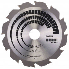 BOSCH Construct Wood Lame de scie circulaire 190 x 30 x 2,6 mm, 12 2608640633