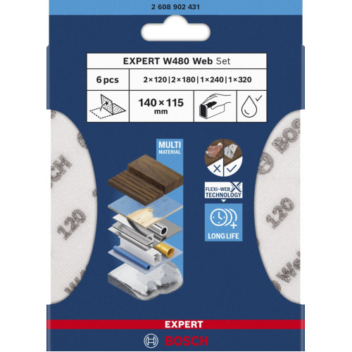 BOSCH Assortiment de feuilles abrasives pour ponçage manuel EXPERT W480 Web 1/4, 6 pieces BOSCH Assortiment de feuilles abrasives pour ponçage manuel EXPERT W480 Web 1/4, 6 pieces