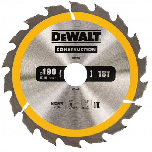 DeWALT DT1943 Lame de scie circulaire 190 x 30 mm 18T ATB 20°.