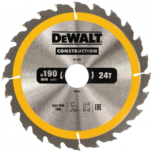 DeWALT DT1944 Lame de scie circulaire, 190 x 30 mm, 24 dents