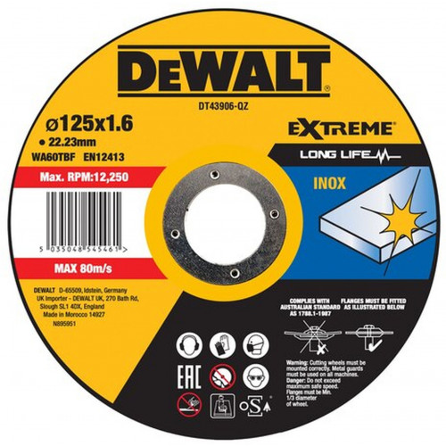 DeWALT DT43906 Disque a tronçonner Inox 125x22,2mm Épaisseur 1.6mm moyeu plat