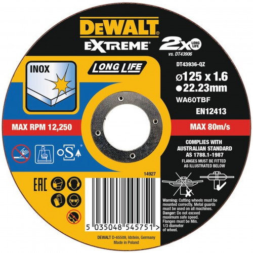 DeWALT DT43936 Disque a Tronçonner, Jaune 125mm DeWALT DT43936 Disque a Tronçonner, Jaune 125mm