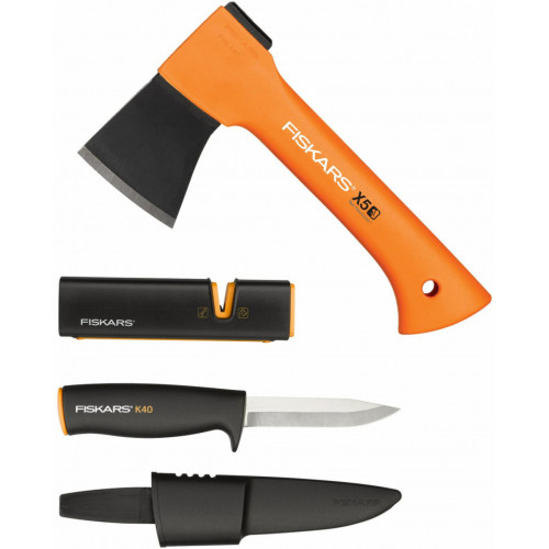 Fiskars X5 fireplace set avec hache, couteau et aiguiseur 1057913