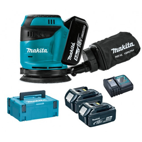 Makita DBO180RTJ Ponceuse orbitale a batterie 123mm, Li-ion 18V/5,0Ah, Makpac