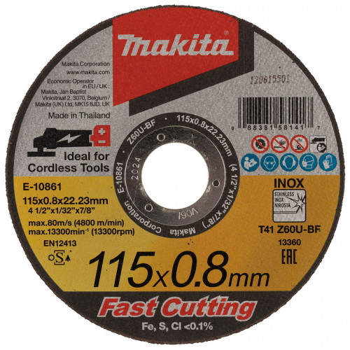 Makita E-10861-12 Disques a tronçonner métal et inox 115x0,8x22,23mm, Z60U