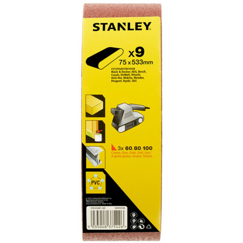 Stanley STA33481-QZ Bandes abrasives 75x533mm, 3x P60, 3x P80, 3x P100, lot de 9 Stanley STA33481-QZ Bandes abrasives 75x533mm, 3x P60, 3x P80, 3x P100, lot de 9
