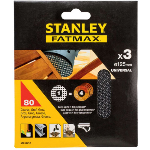 Stanley STA39252 Assortiment de 3 abrasifs excentrique 125mm, P80, 3 pieces Stanley STA39252 Assortiment de 3 abrasifs excentrique 125mm, P80, 3 pieces